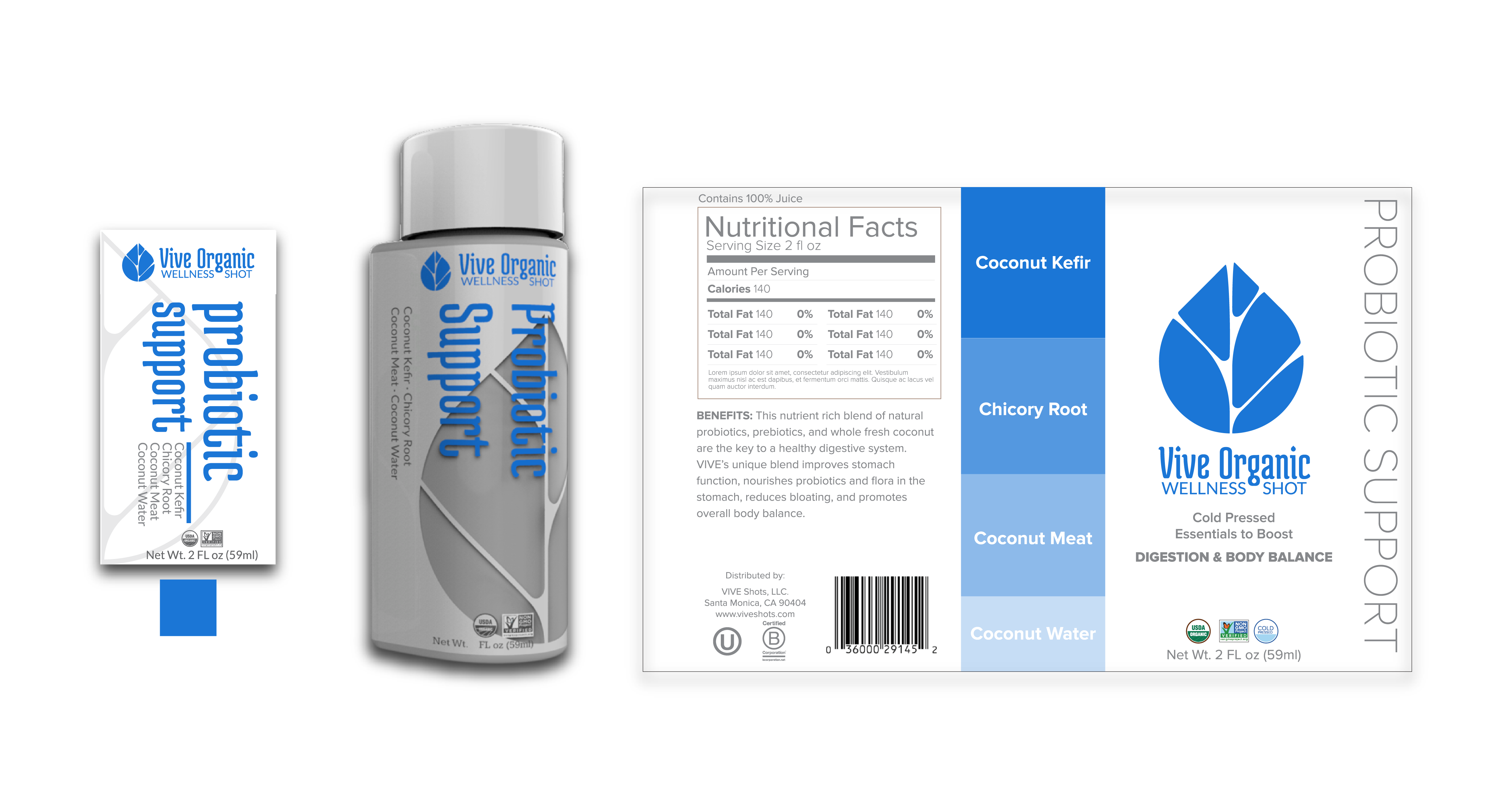 Vive Organic Probiotic Support Wellness Shot label, featuring nutritional facts and key health benefits.