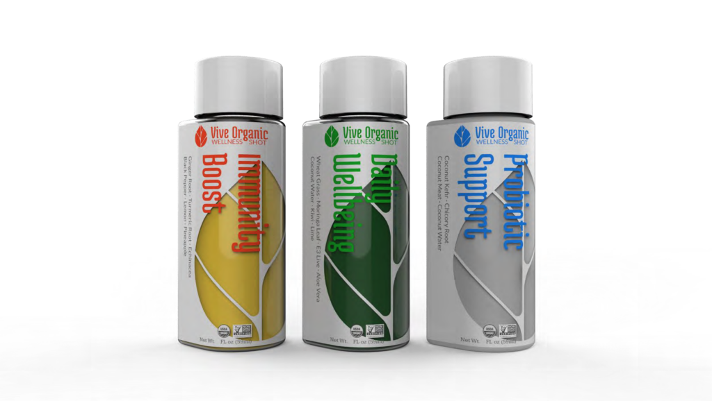 Vive Wellness Shot Bottle Design – Premium Wellness Packaging designed by RKS Design, featuring Immunity Boost, Daily Wellbeing, and Probiotic Support variants.