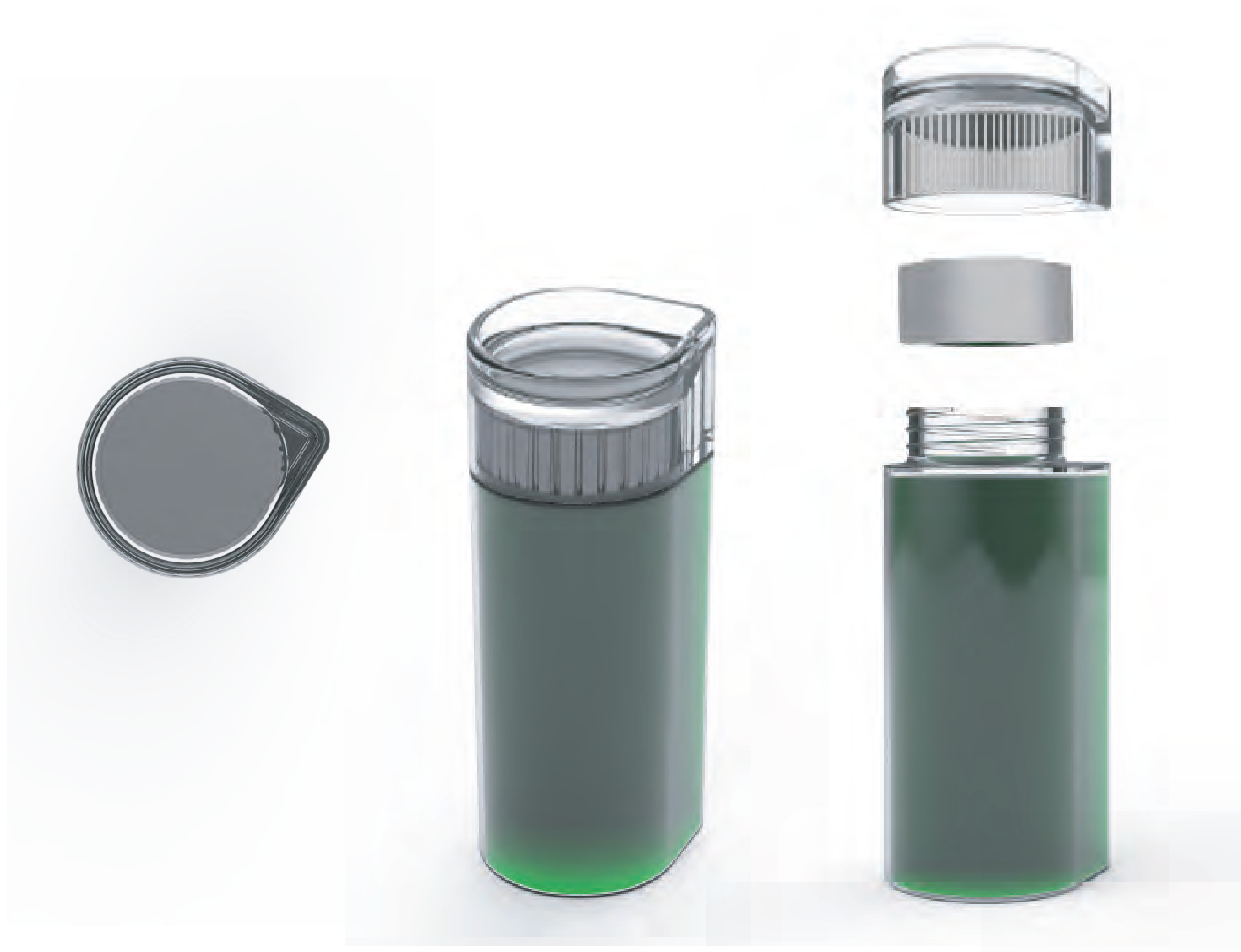 Exploded view of Vive Wellness Shot bottle, highlighting RKS Design’s ergonomic cap and bottle innovation.