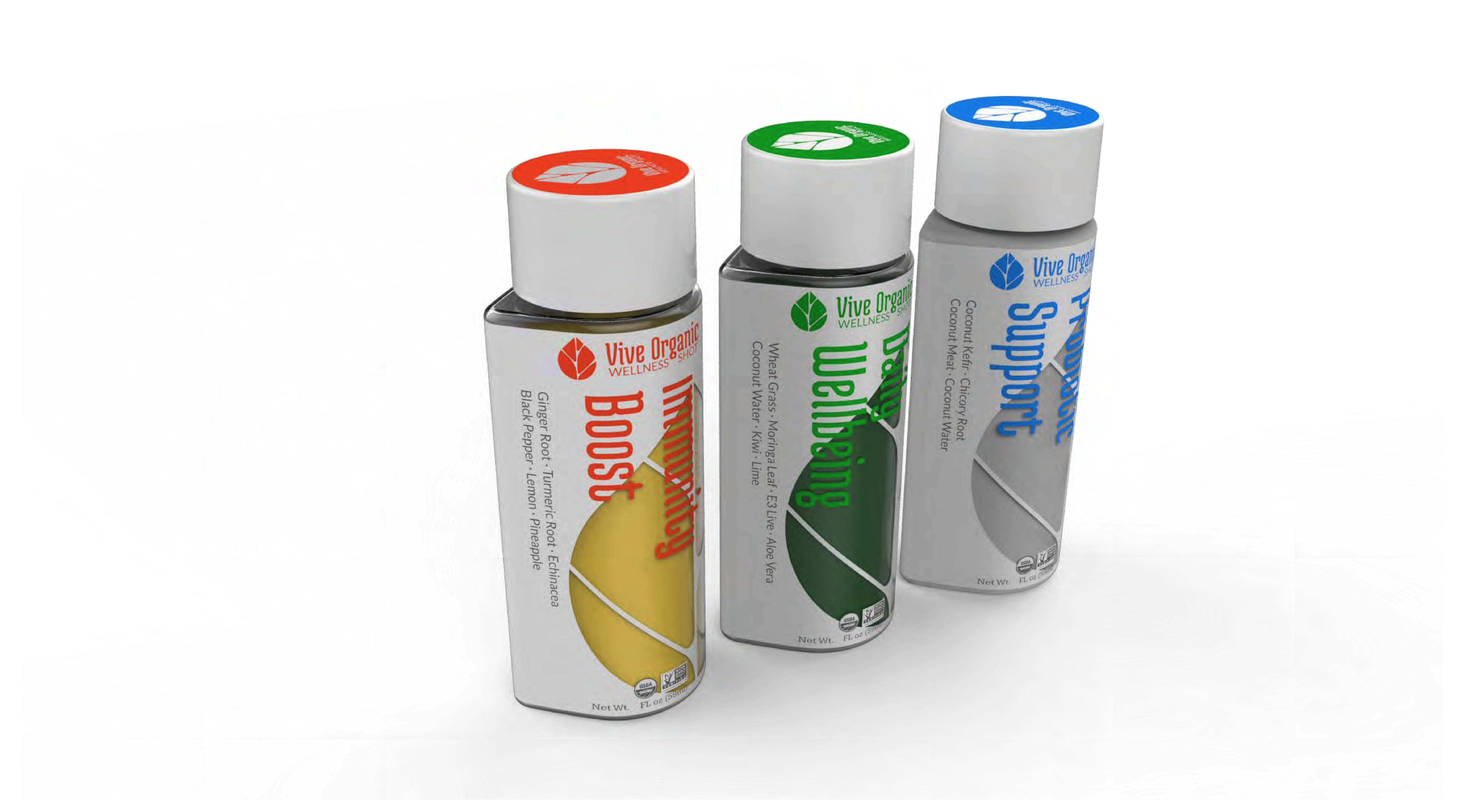 Vive Organic Wellness Shot bottles with top cap branding designed by RKS Design for premium shelf appeal.