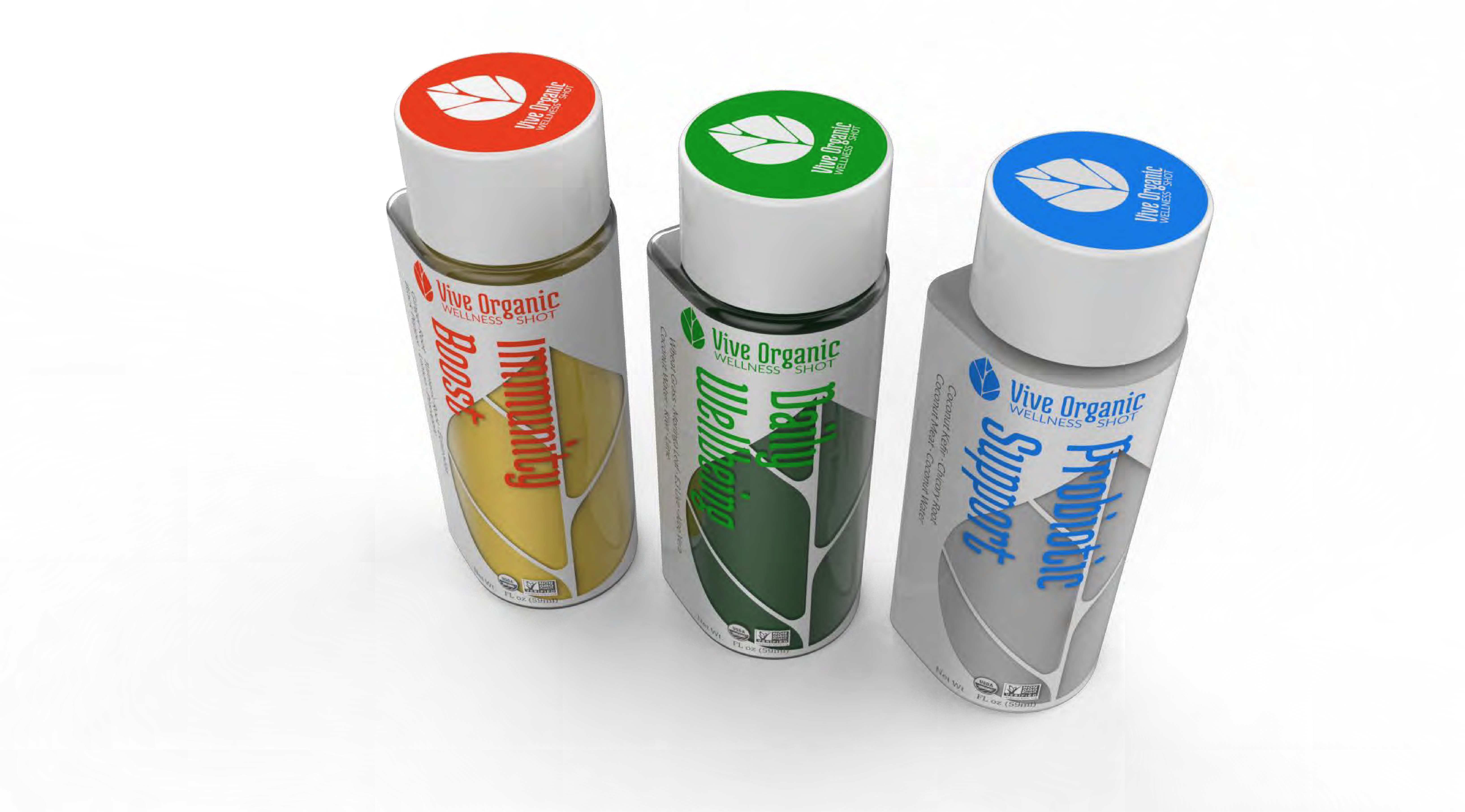 Vive Organic Wellness Shot bottles designed by RKS Design, featuring colorful cap branding for Immunity Boost, Daily Wellbeing, and Probiotic Support.