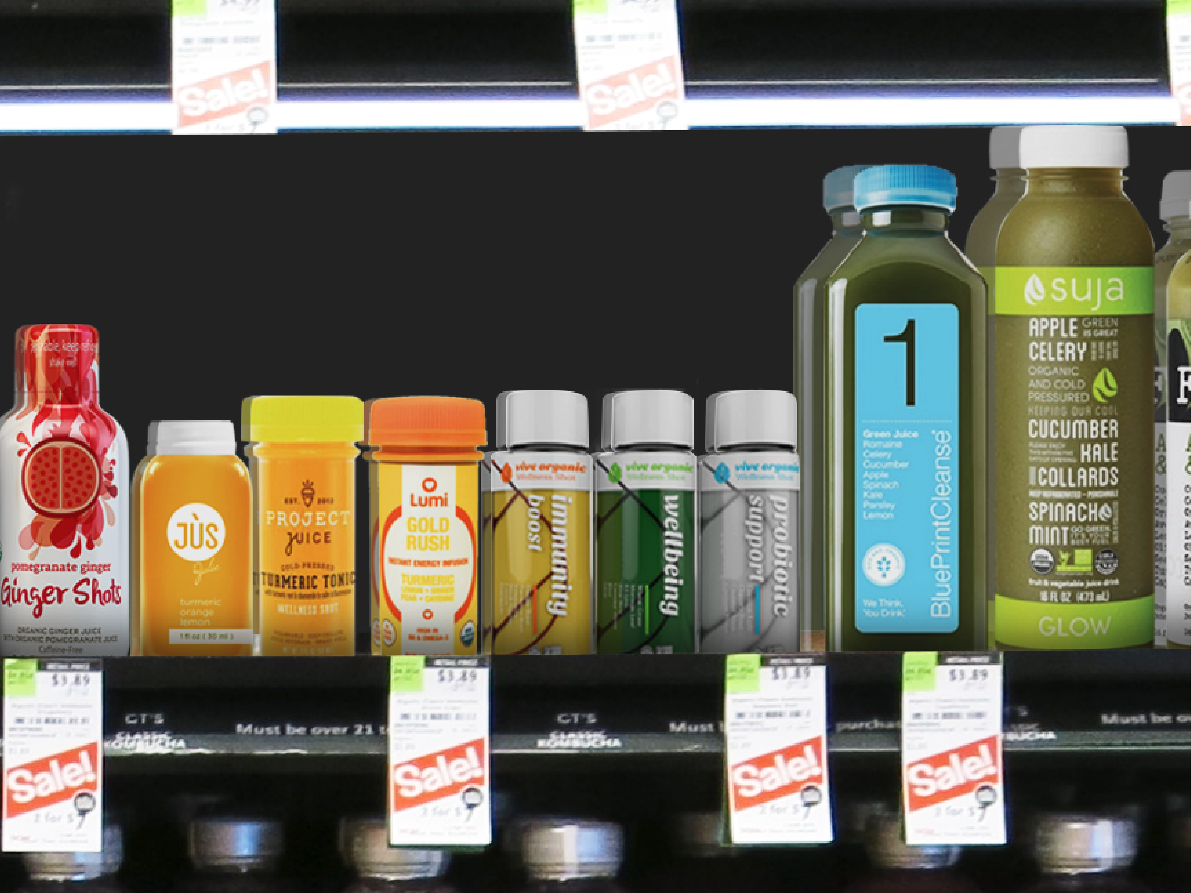 A close-up of Vive Organic Wellness Shot alongside competitor products, highlighting RKS Design’s packaging differentiation in the wellness beverage market.