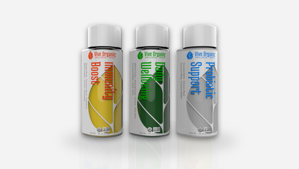 Three Vive Organic Wellness Shot bottles designed by RKS Design, featuring Immunity Boost, Daily Wellbeing, and Probiotic Support variants.