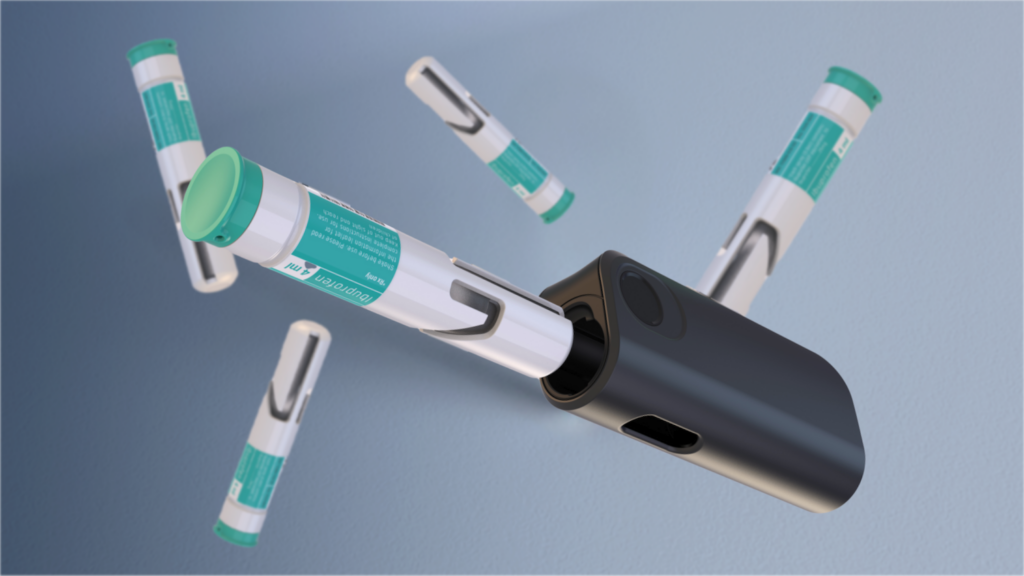 RKS Design visualization of Aspargo device with medication cartridges being inserted and ejected