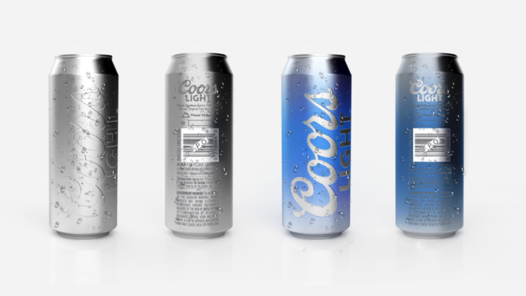 A set of Coors Light cans transitioning from silver to blue, demonstrating cold-activated packaging technology.