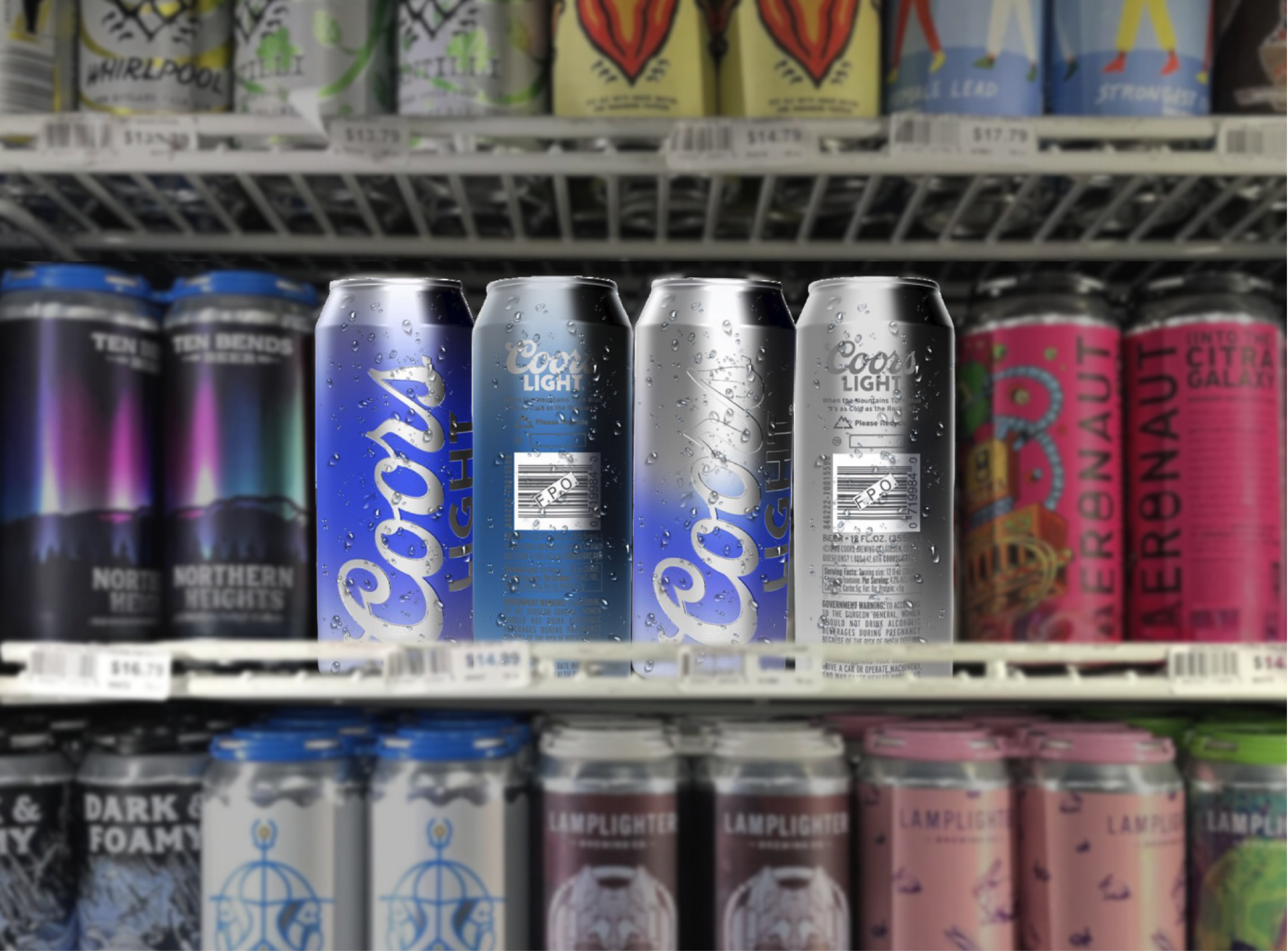 Coors Light cans displayed alongside craft beers in a retail setting.