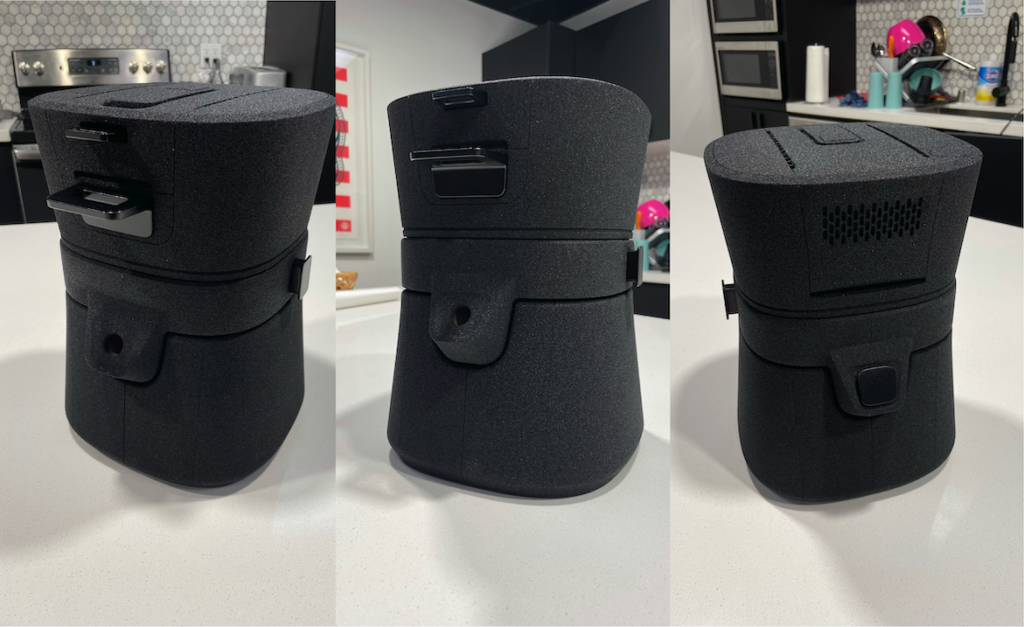 Black foam prototype of Reva Hookah showing early form exploration in kitchen environment