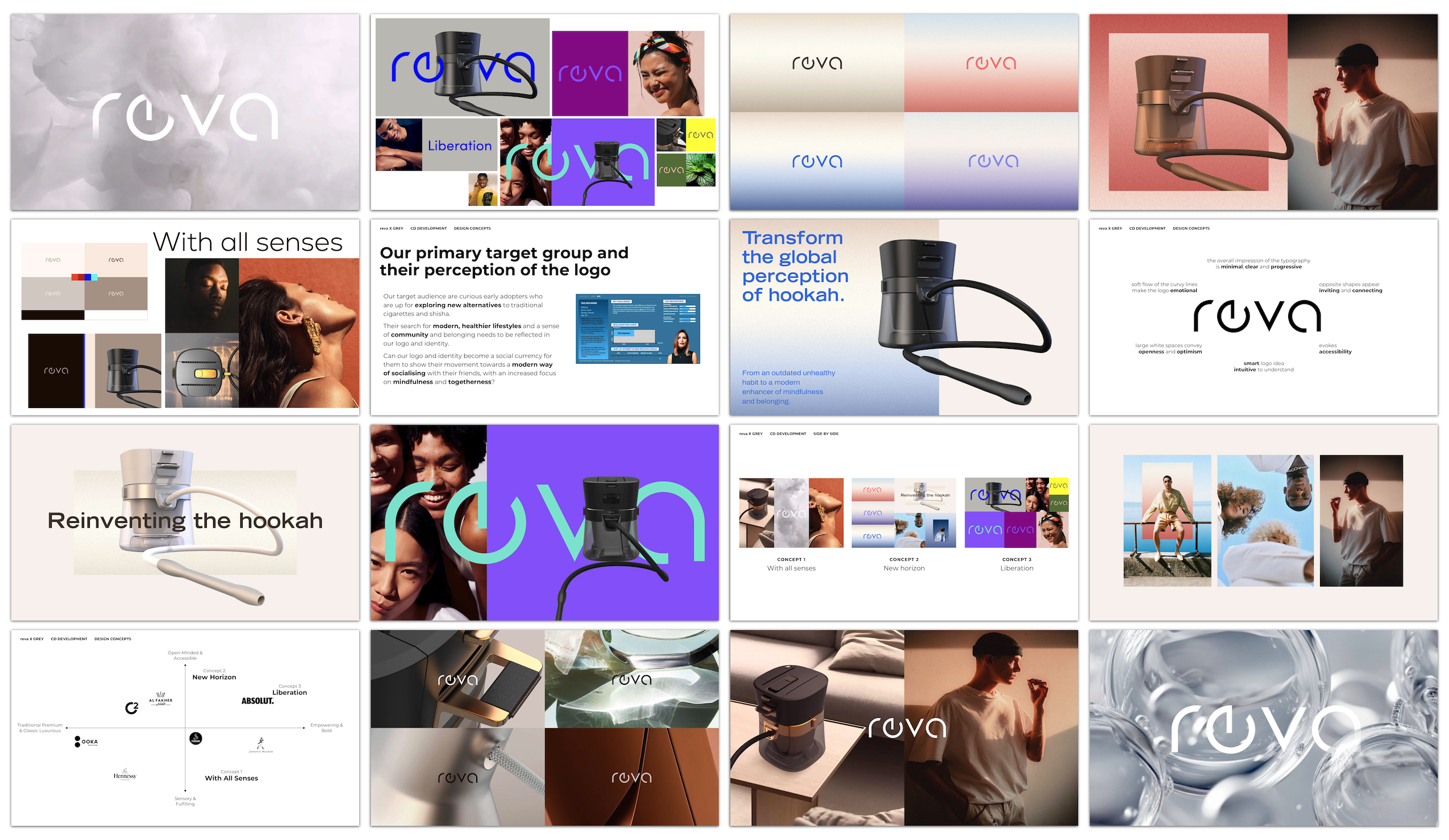 Reva brand concept board with logo explorations, typography, lifestyle imagery, and color palette