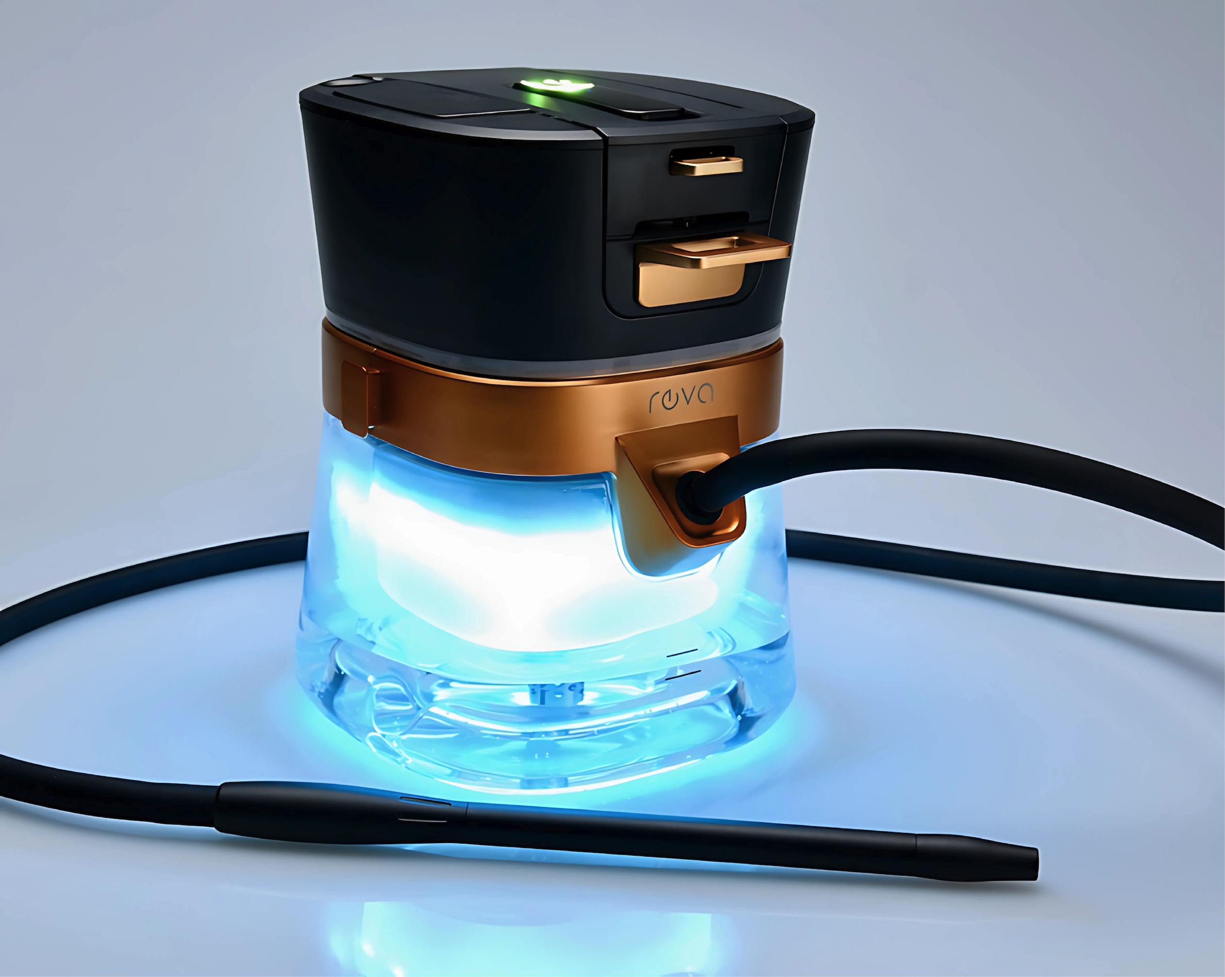 Reva Hookah with glowing blue water base and sleek black and copper body, designed by RKS Design