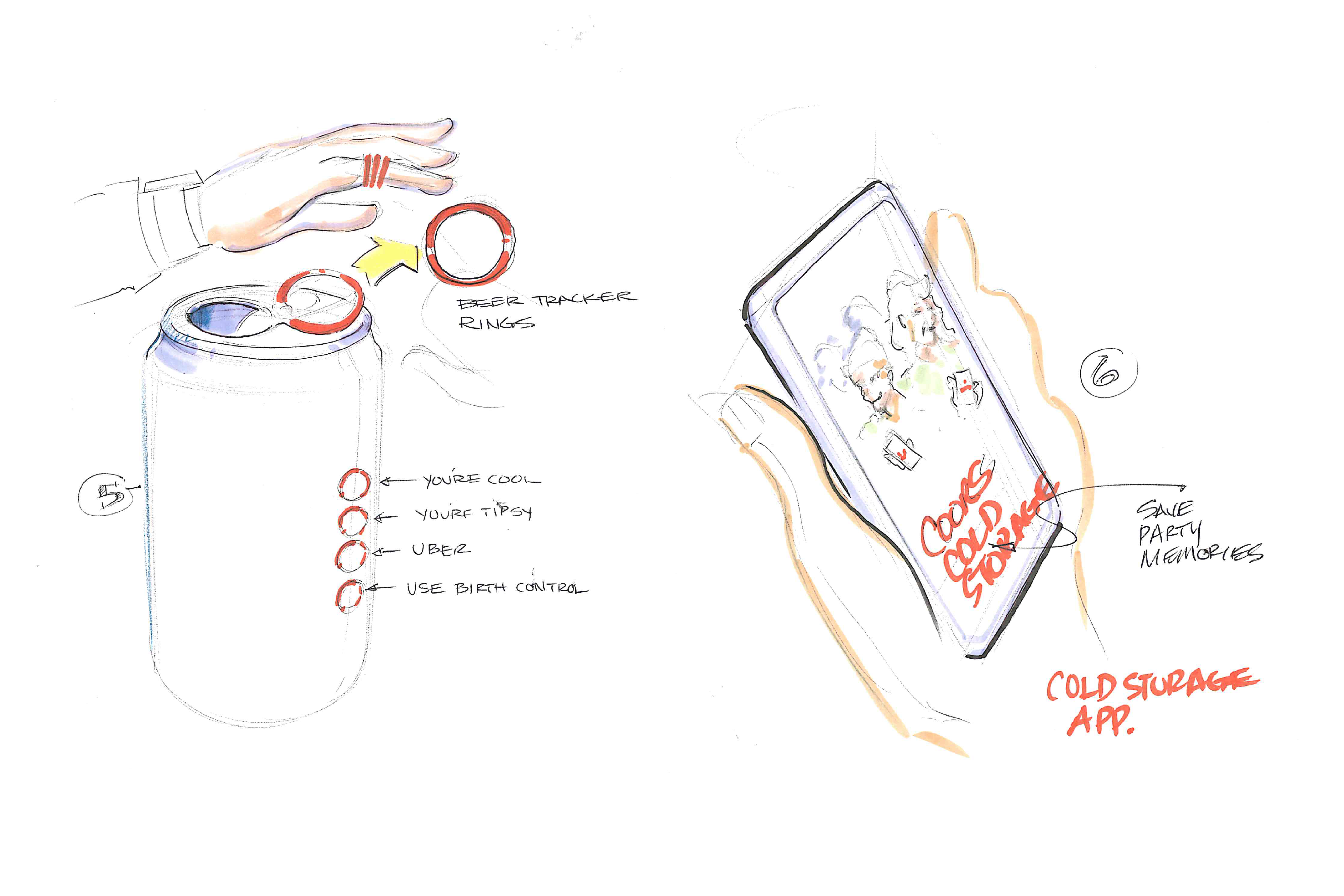 A hand interacting with removable rings on a Coors Light can and a connected mobile app for beer tracking.