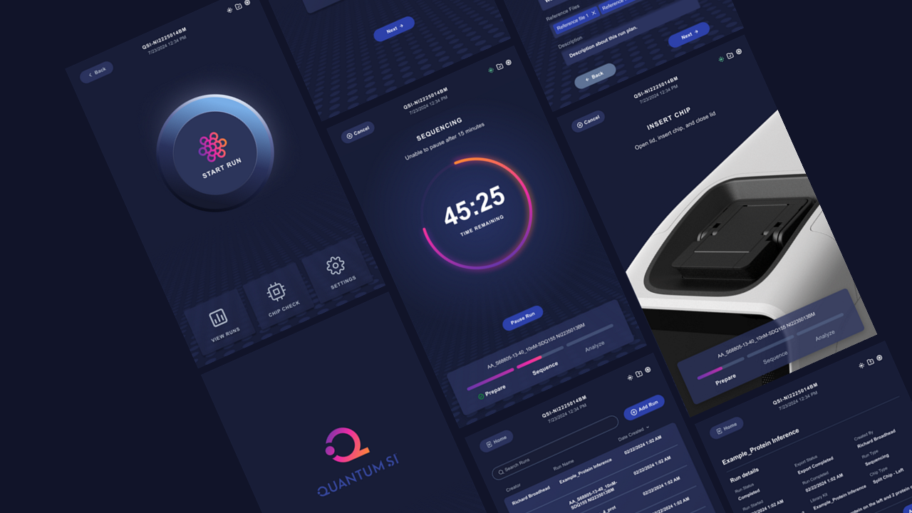 A digital UI design mockup featuring dark blue screens with various futuristic interface elements, including a start button, countdown timer, settings icons, data forms, and a close-up image of a device component.