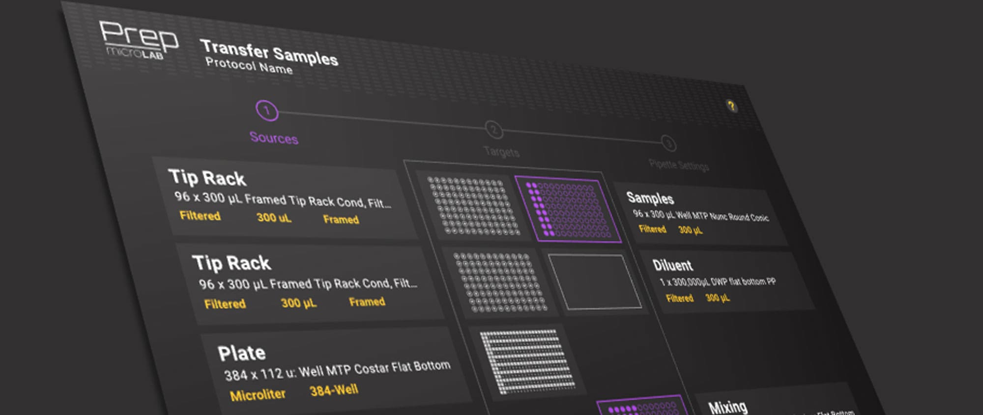 A digital lab interface labeled Prep Intouch Lab displays sample transfer protocols with selectable options for tip racks, plates, samples, diluents, and mixing, organized in panels with graphical representations.