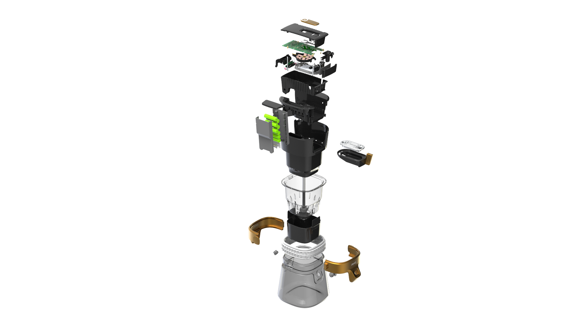 Exploded technical view of Reva Hookah designed by RKS Design, showing internal electronics, battery pack, heating module, and pod system