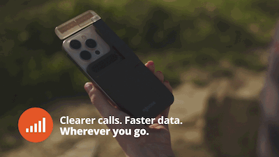 A hand holds a smartphone with an attached device outdoors. Text on the image reads, Clearer calls. Faster data. Wherever you go. An orange icon with signal bars is visible in the corner.