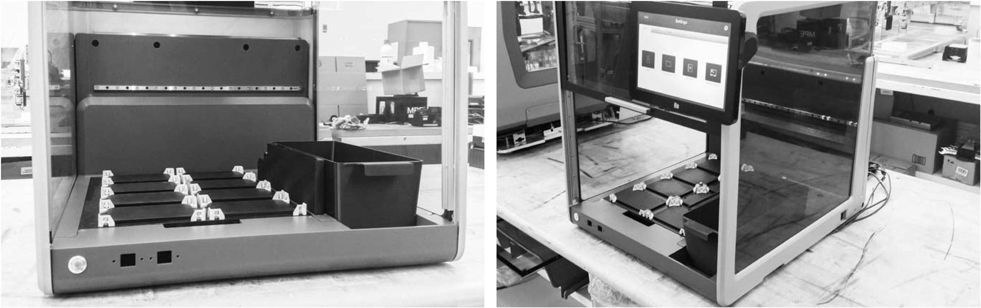 Two black-and-white photos show a laboratory instrument with slots for tubes and a touchscreen interface, placed on a workbench in a lab setting with various equipment in the background.