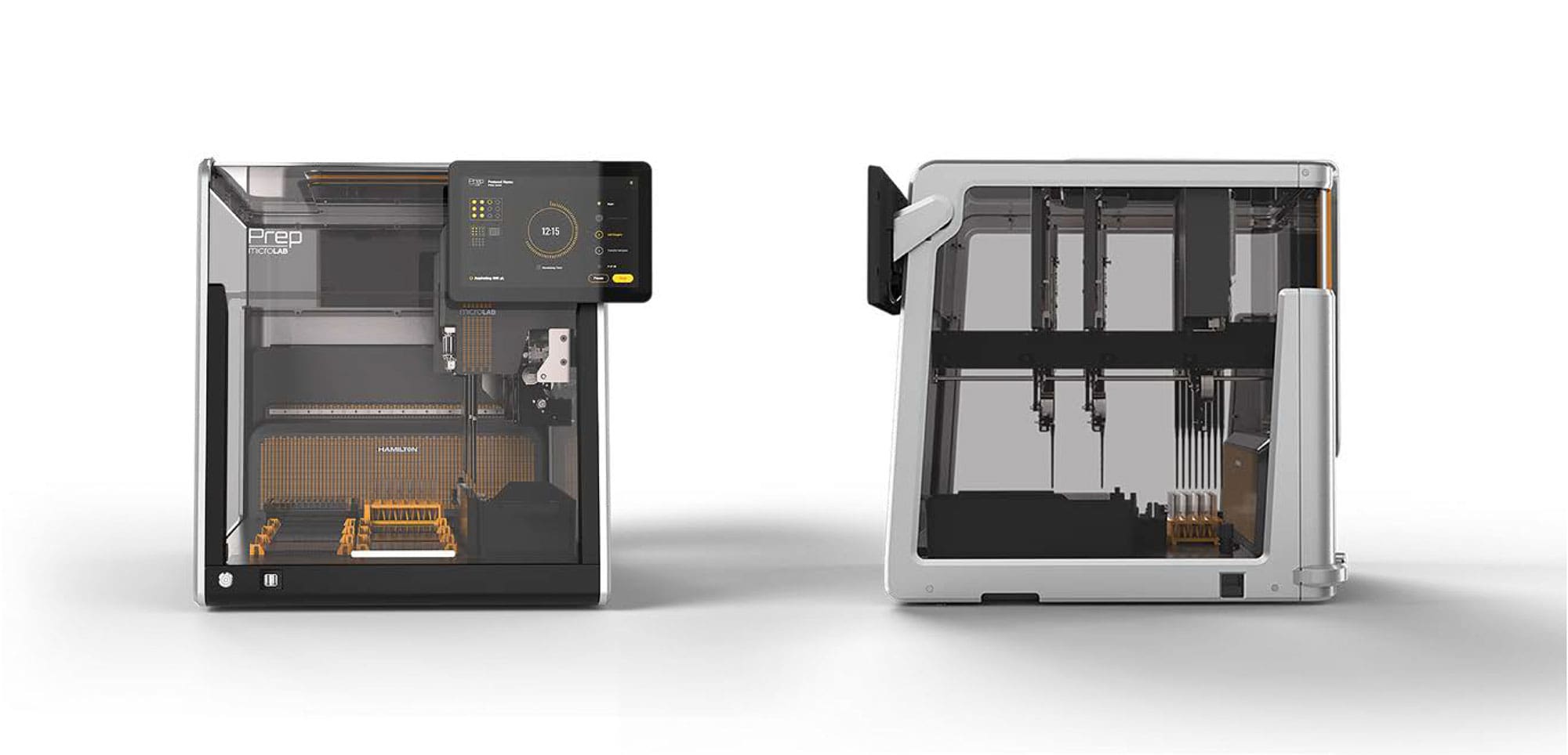 Two modern 3D printers are displayed: one facing forward showing a touchscreen interface, the other from the side revealing the printers internal mechanisms and components. Both have transparent panels and sleek designs.