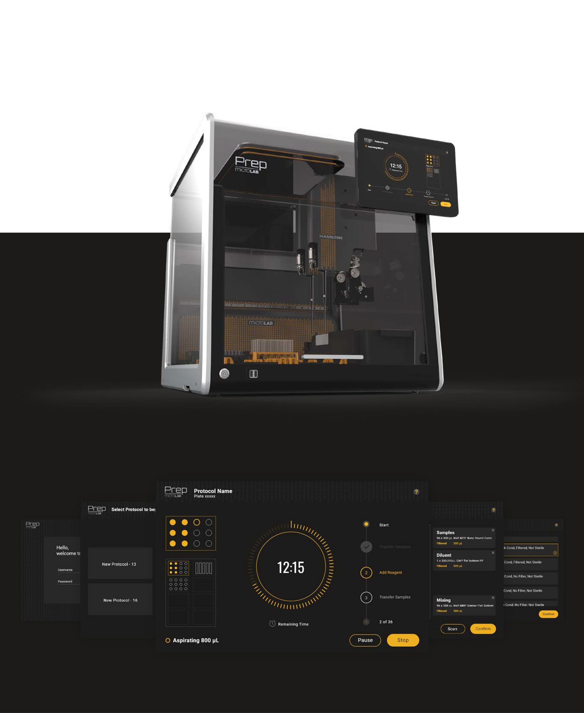 A sleek, modern laboratory instrument labeled Prep features a digital touchscreen interface displaying settings and protocols, with several close-up screenshots of its user interface shown below the machine.