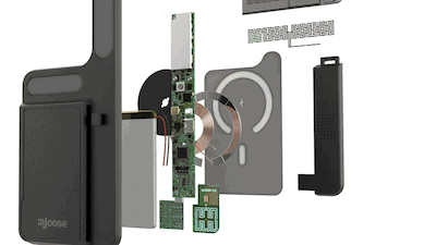 Exploded view of a wireless charging device, showing its internal electronic components, circuit boards, coils, battery, and outer casing parts separated and floating apart for clarity.