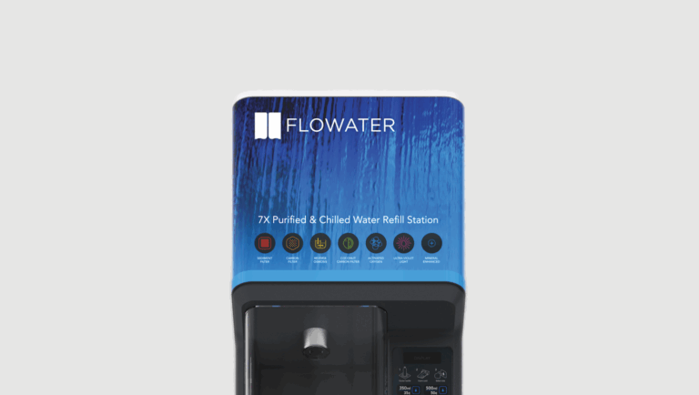 Front view of FloWater Refill Station showcasing blue top panel and icons of the 7-stage purification system