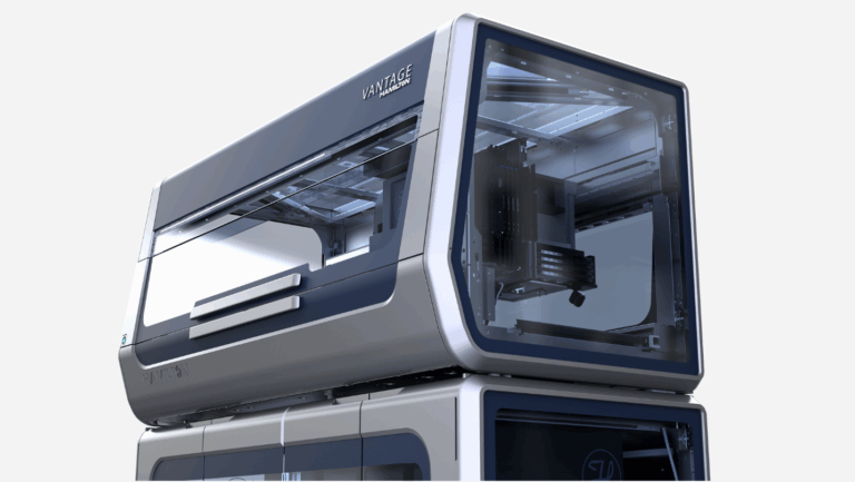 High-tech laboratory automation system with glass-panel enclosure and precision robotics inside
