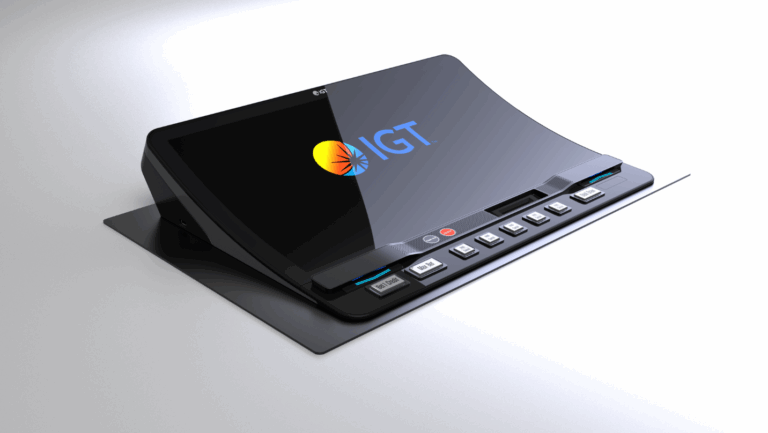 Sleek bartop gaming interface with curved touchscreen, control buttons, and IGT logo on display