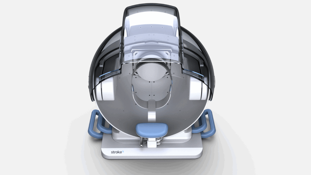 Front-facing image of the StrokeDx head imaging system with open circular frame, blue accents, and clear patient interface