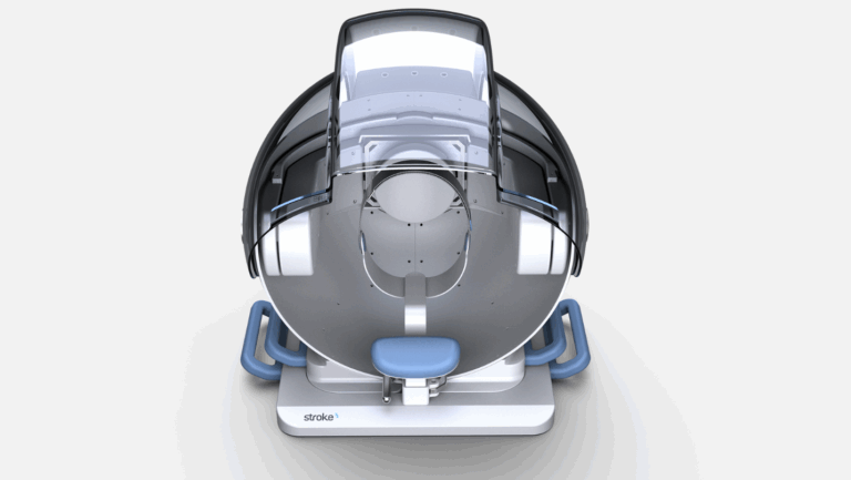 Front-facing image of the StrokeDx head imaging system with open circular frame, blue accents, and clear patient interface