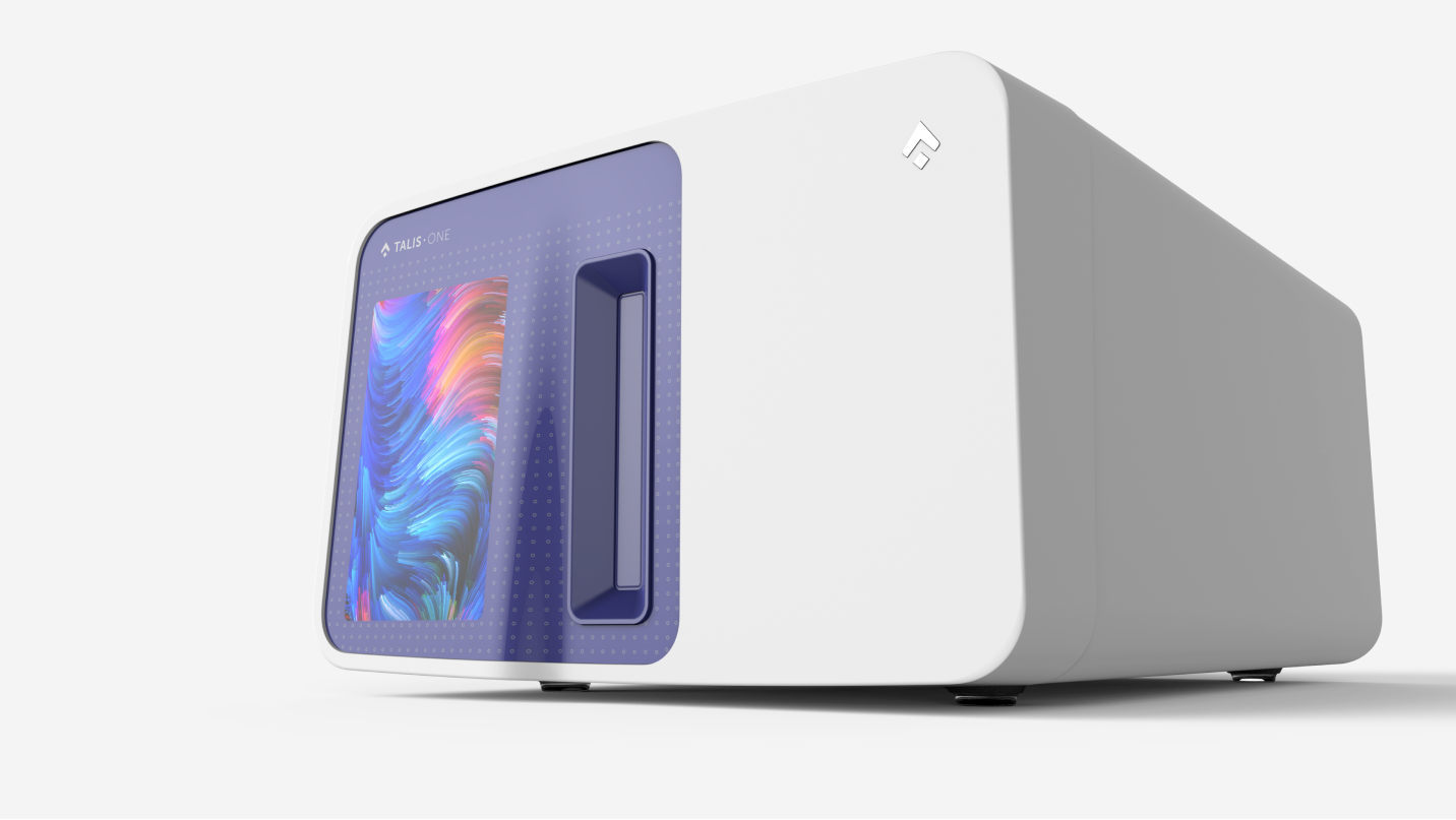 A sleek, modern white electronic device with a purple-blue front panel, featuring a colorful abstract display screen and a vertical handle, placed on a white surface against a white background.