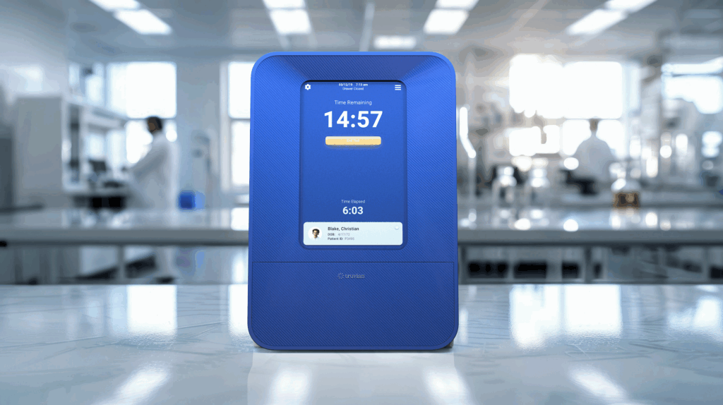 Truvian diagnostic device on a lab table with timer screen visible and blurred clinicians working in the background