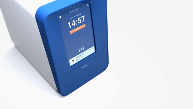 Close-up of Truvian diagnostic device touchscreen with test timer and patient info displayed on a sleek blue interface