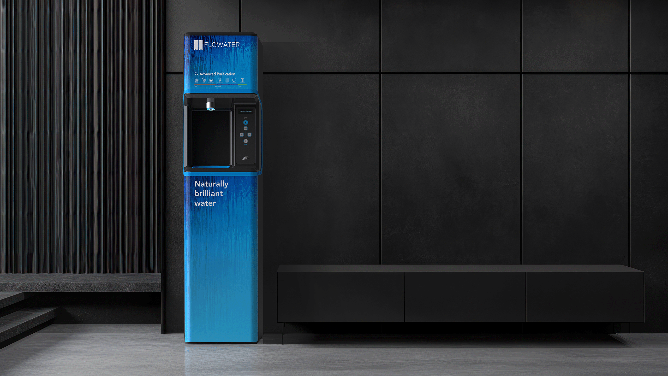 A blue FloWater water refill station, resembling sleek home appliances, stands against a dark, modern wall with vertical lines and a black bench nearby. The machine displays the FloWater logo and the text Naturally brilliant water.
