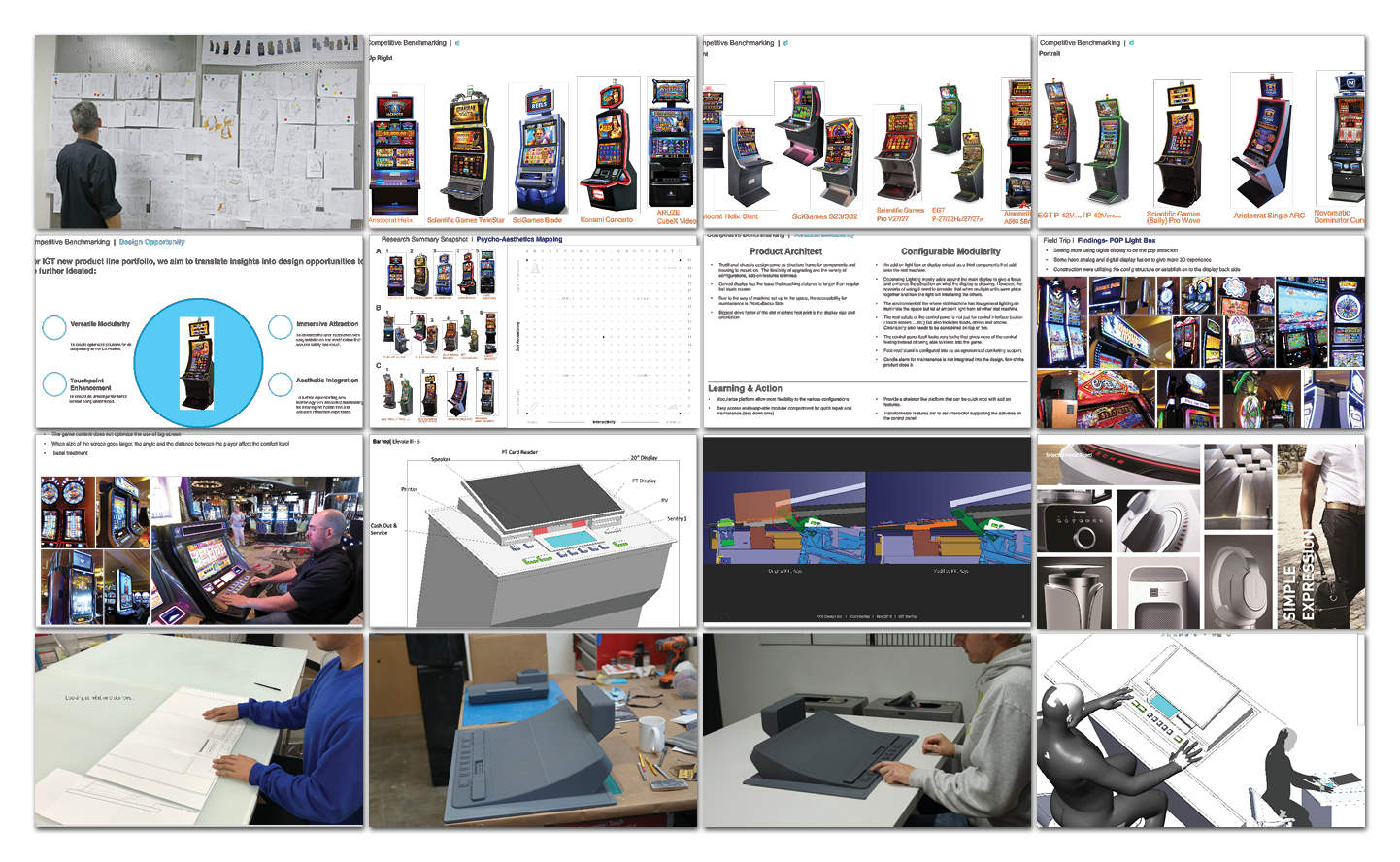 A collage shows the process of designing slot machines, including sketches on walls, digital 3D models, technical diagrams, physical prototypes, and people working on prototypes and paperwork.