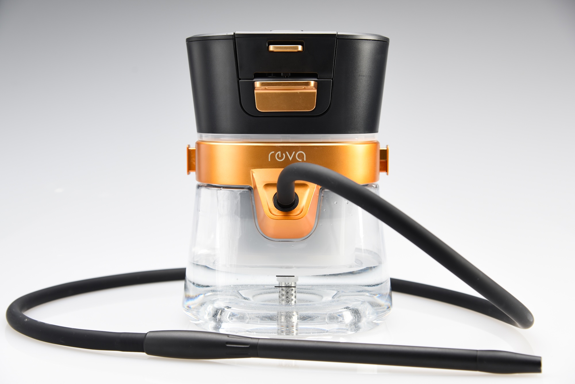 Front-facing view of the Reva Hookah with gold band and attached black hose, showcasing modern luxury design