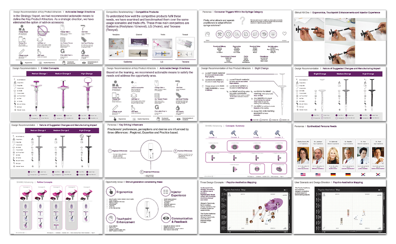 A collage of 16 presentation slides featuring diagrams, product illustrations, comparison charts, flowcharts, and photos, all related to medical device design, user experience, and product evaluation in healthcare contexts.