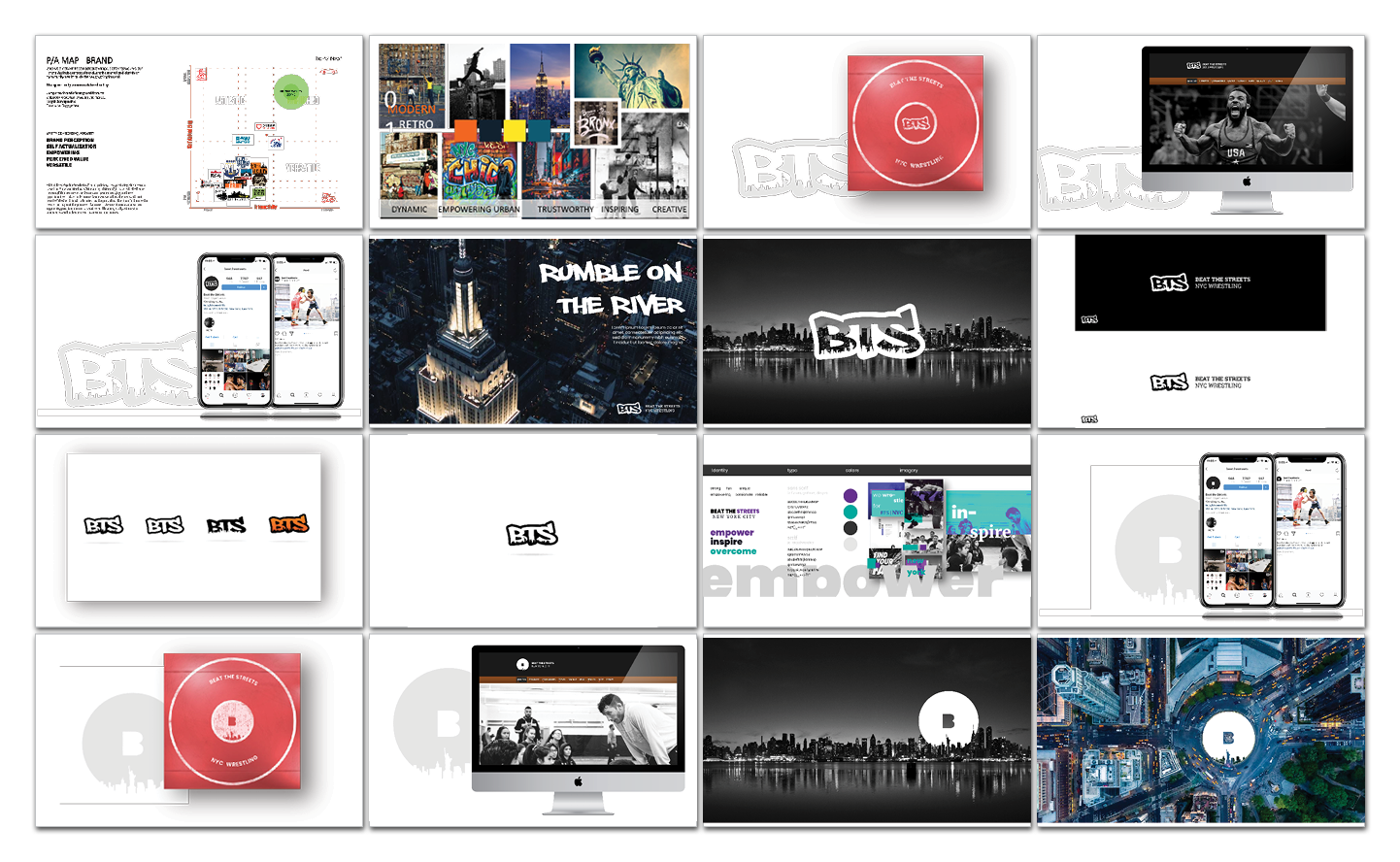 A collage of sixteen digital mockups showing website pages, music app screens, posters, album art, and cityscape images, all featuring a consistent BTS logo and branding across different media formats.