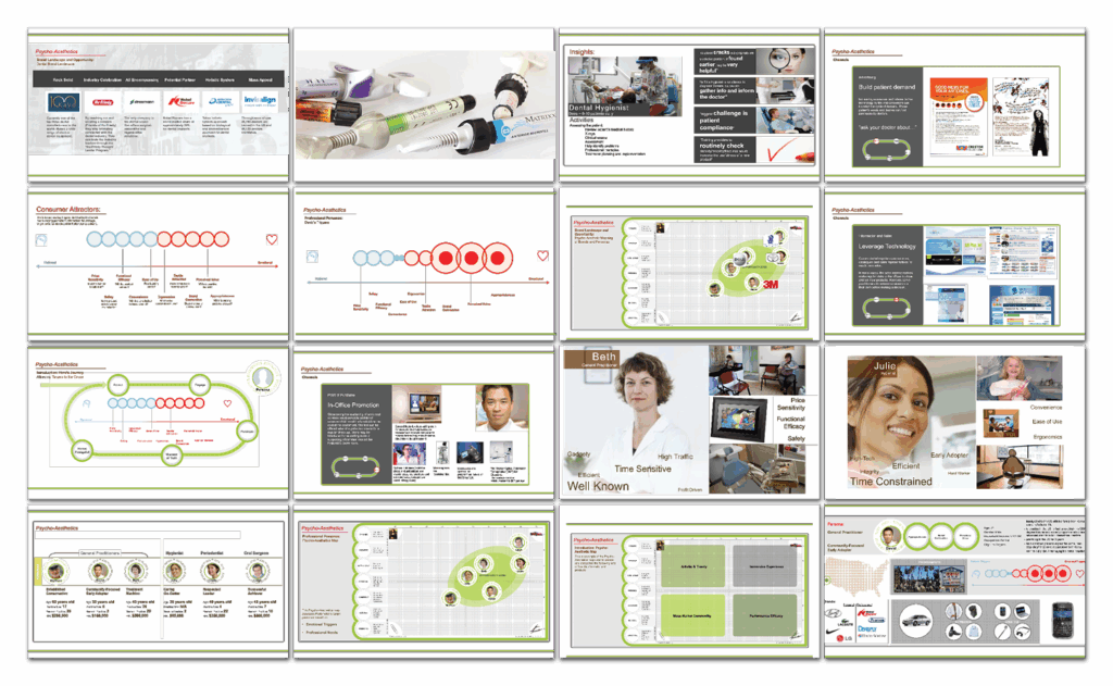 A collage of 16 slides featuring healthcare themes, including medical equipment, charts, timelines, healthcare professionals, patient interactions, and infographics on healthcare processes and technology.