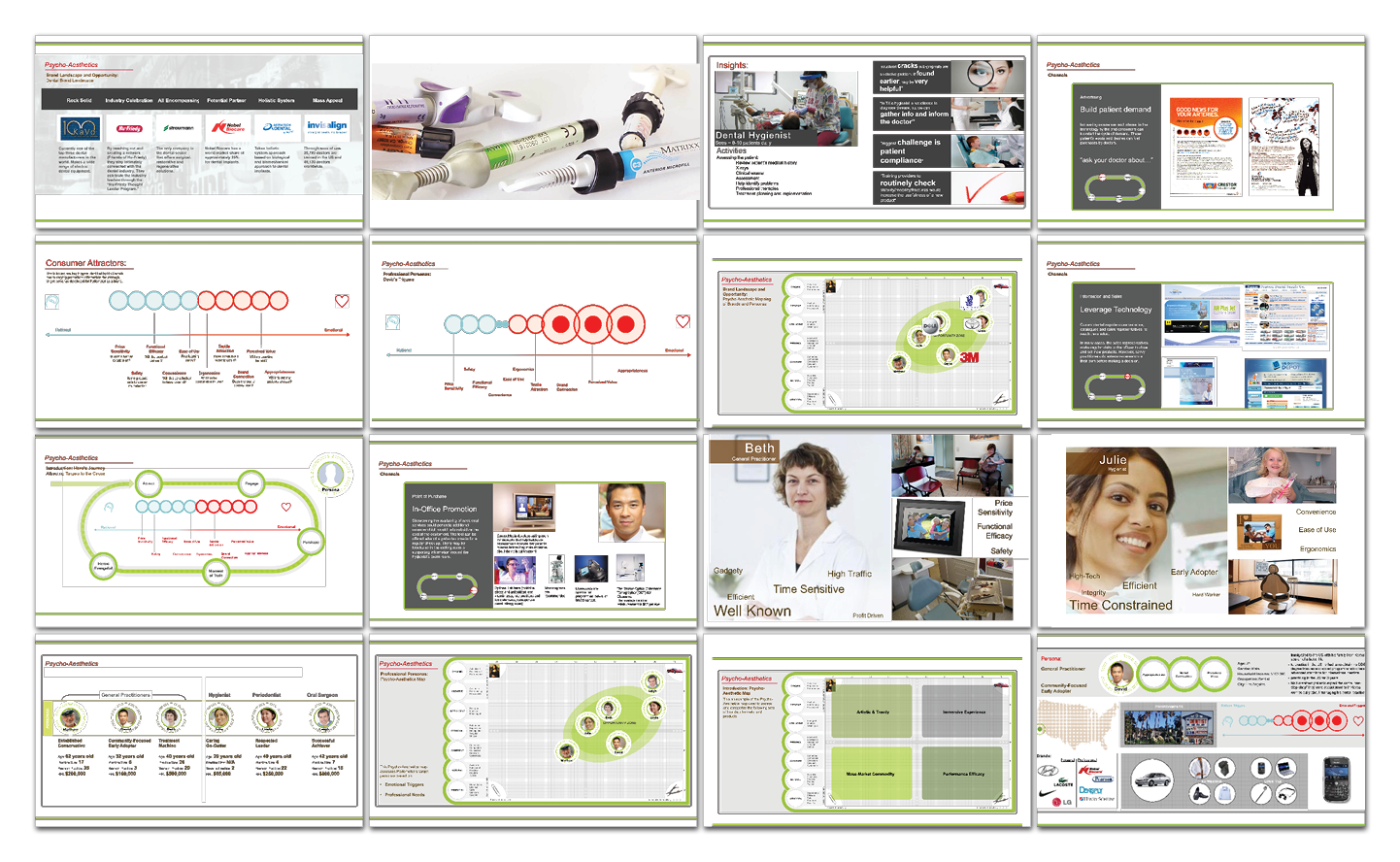 A collage of 16 slides featuring healthcare themes, including medical equipment, charts, timelines, healthcare professionals, patient interactions, and infographics on healthcare processes and technology.