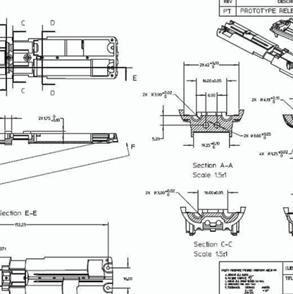 Technical engineering drawing featuring multiple detailed sections, dimensions, and labeled views of a home appliances mechanical component, including cross-sections, side views, and notes in black lines on a white background.
