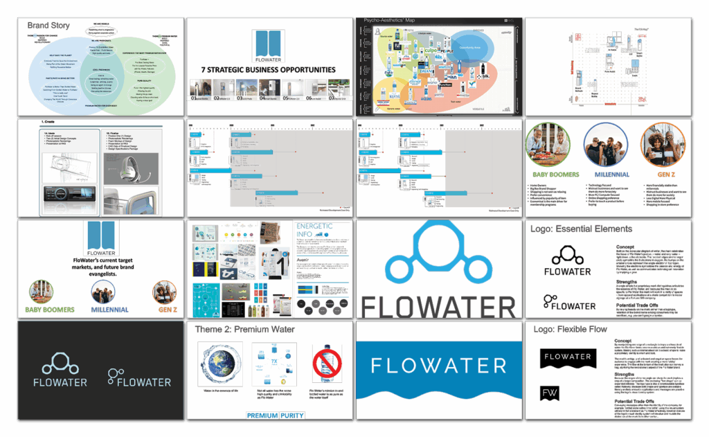 A presentation slide deck for Flowater, showing brand strategy, customer demographics, business opportunities, logo concepts, marketing visuals, and product positioning in a 4x4 grid format.