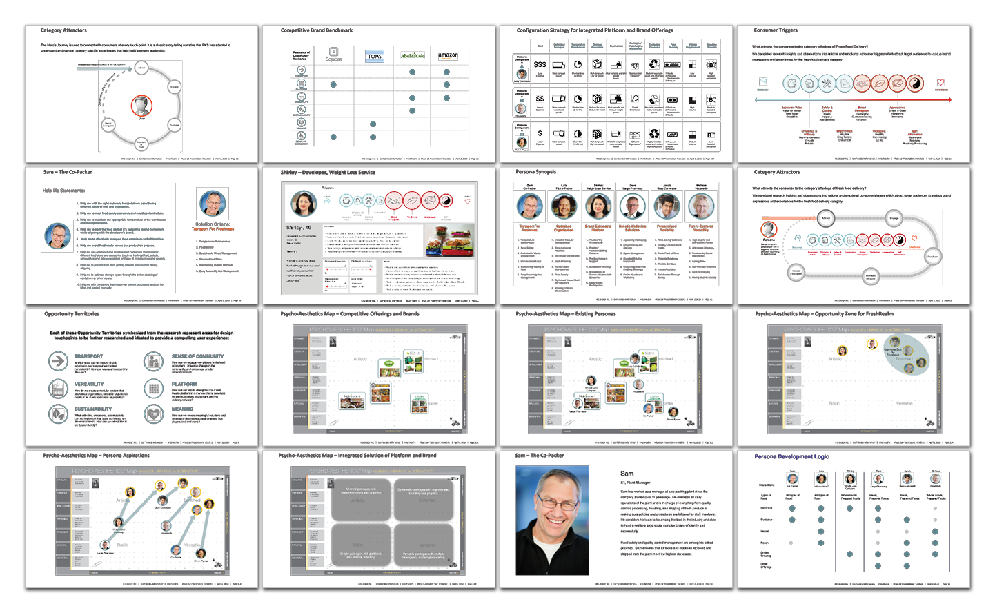A collage of sixteen business presentation slides featuring charts, diagrams, headshots, and text, covering topics such as competitive landscape, workflows, innovation, ecosystem targets, and strategic planning.
