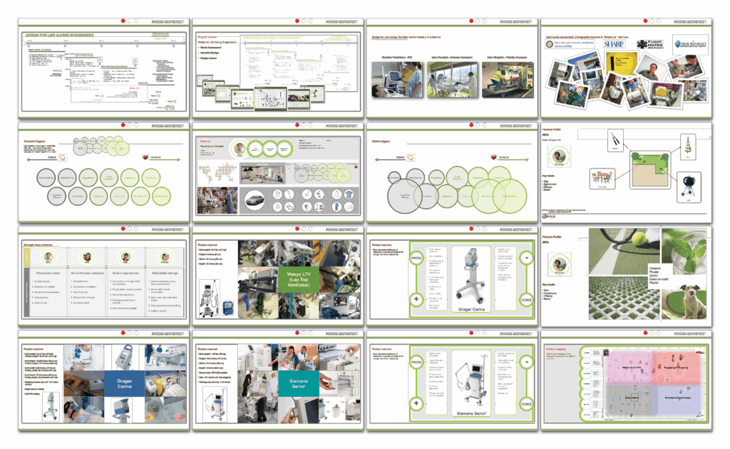 A 16-slide presentation with diagrams, text, and images showing healthcare and medical equipment, workflow charts, product features, and usage scenarios with a green and white color theme.