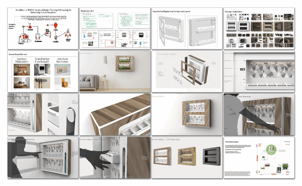 A storyboard showcases the design process for a wall-mounted herb garden system, including research, sketches, technical drawings, prototype renderings, user testing, materials, and final product visuals.