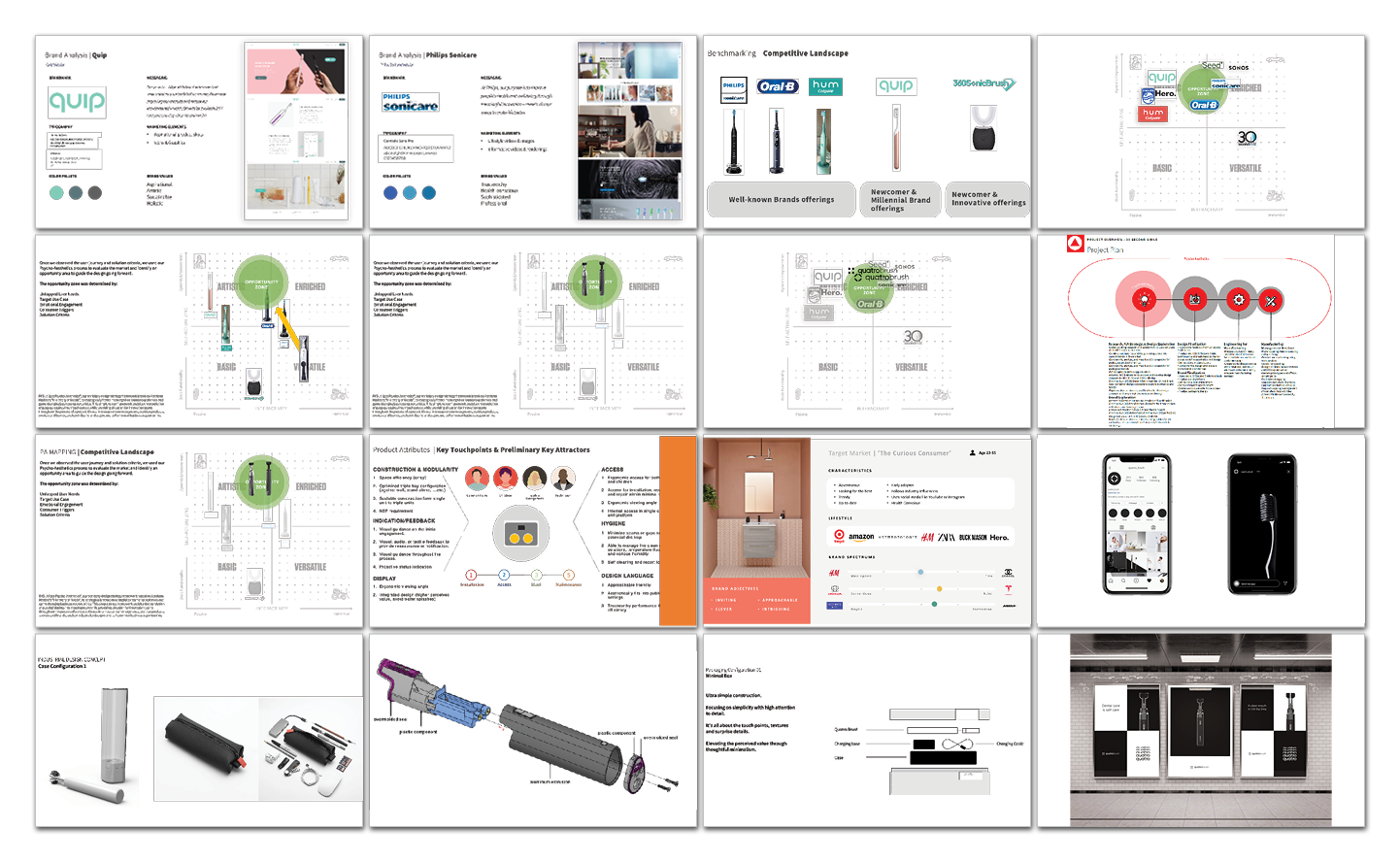A collage of 15 slides features product images, company logos, charts, diagrams, app interfaces, and annotated device components, displayed on white backgrounds with text and visual highlights in various colors.