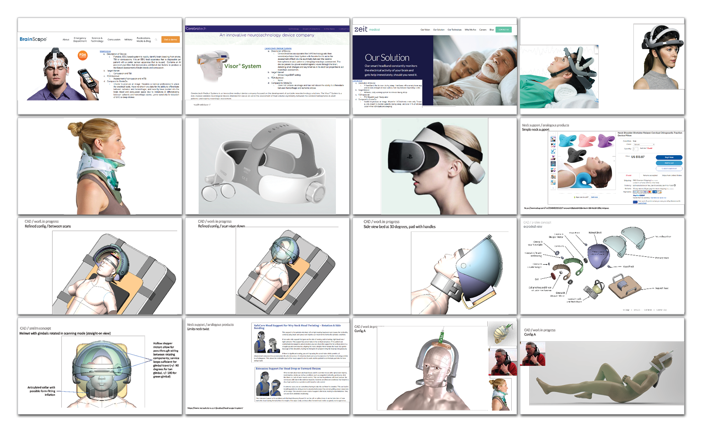 A collage of 16 images featuring medical technologies, including websites, people wearing headgear or neck braces, medical illustrations, brain imaging devices, and diagrams related to neurological care.