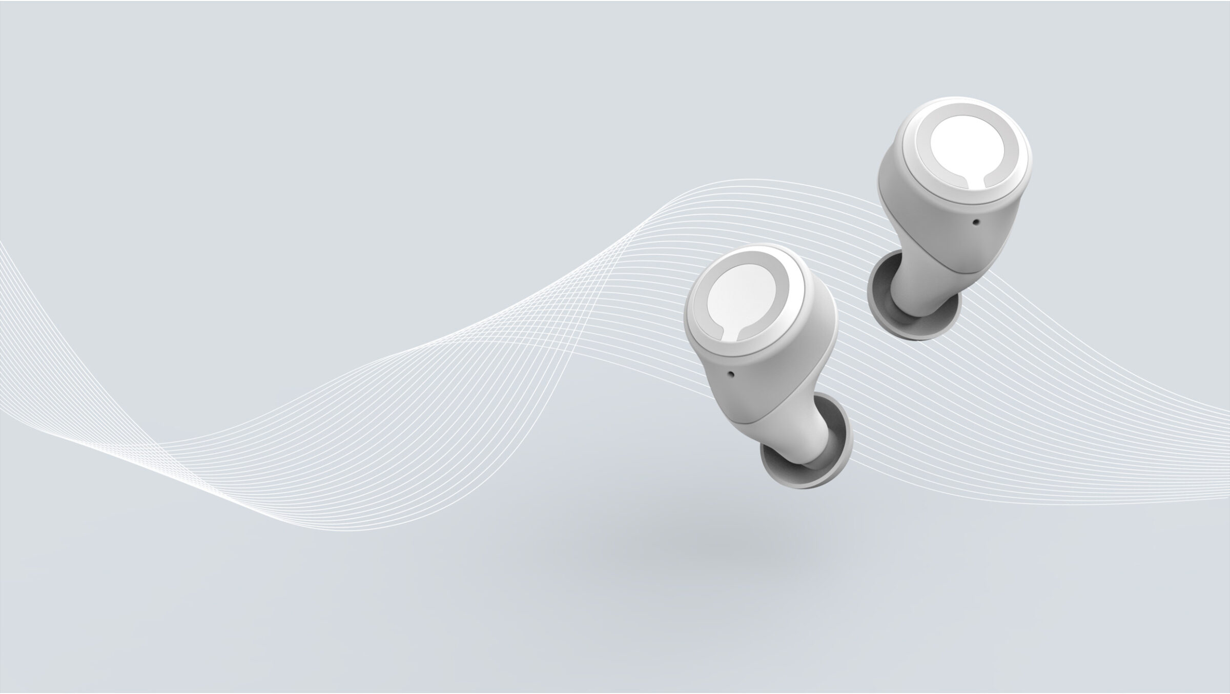 Two white wireless earbuds are floating against a light gray background with a wavy, white line pattern behind them, creating a sense of movement and modern design.