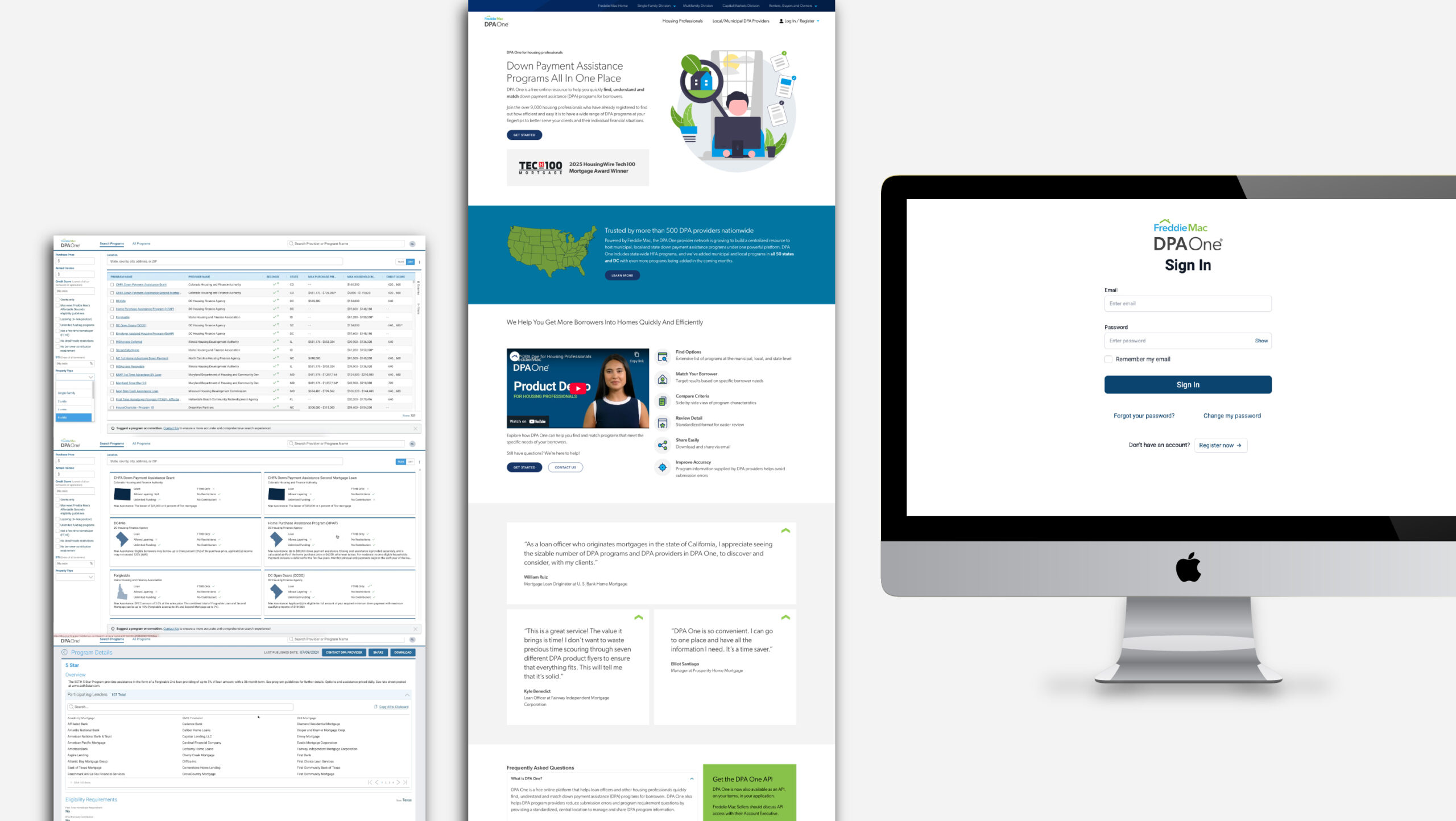 A composite image showing three screens: a software dashboard with data tables, a website with a cartoon of a woman and informational sections, and an iMac displaying a sign-in page for a platform called DPA One.