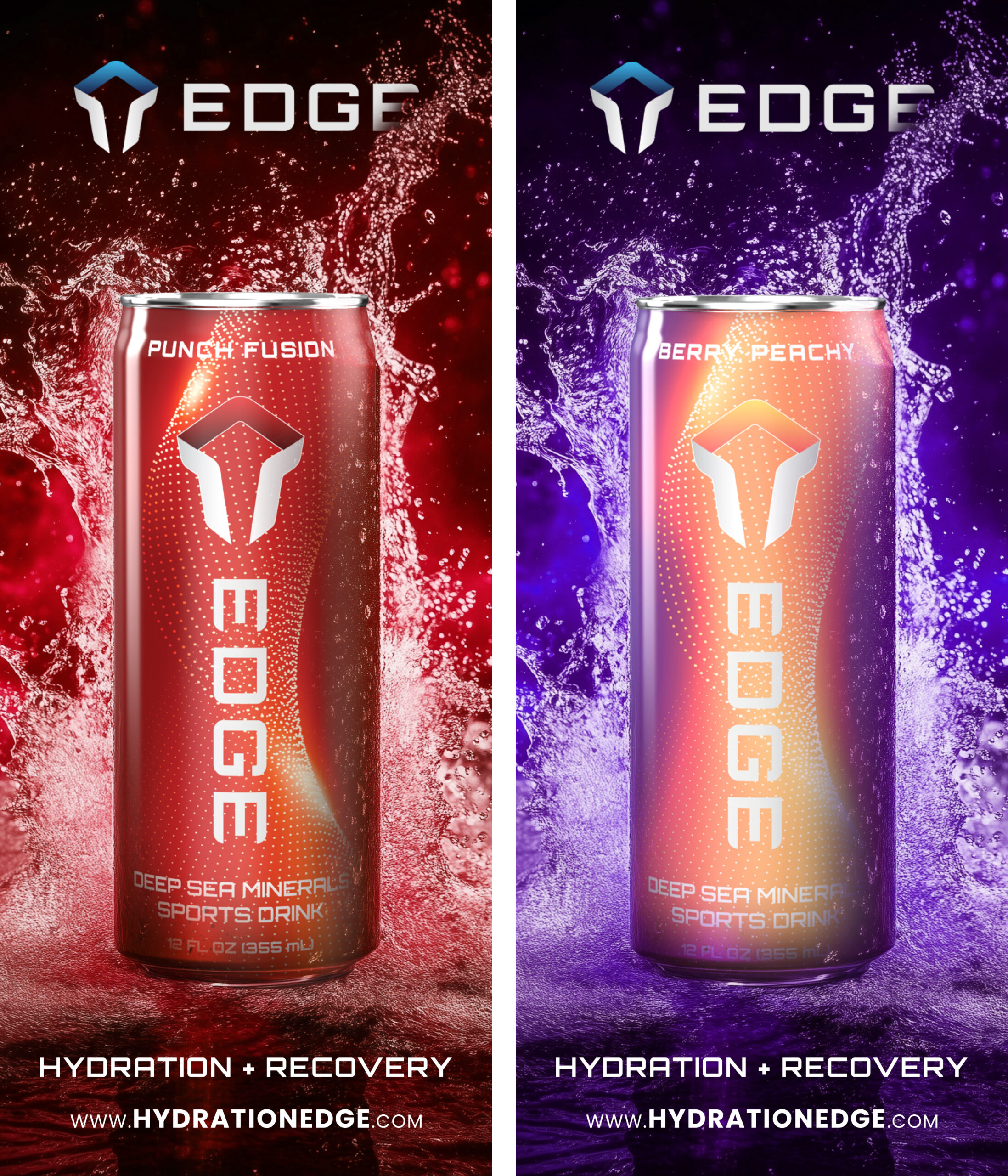 Two EDGE deep sea mineral sports drink cans, Punch Fusion flavor on a red background with red splash, and Berry Peachy flavor on a purple background with purple splash. Text at bottom: Hydration + Recovery. www.hydrationedge.com.