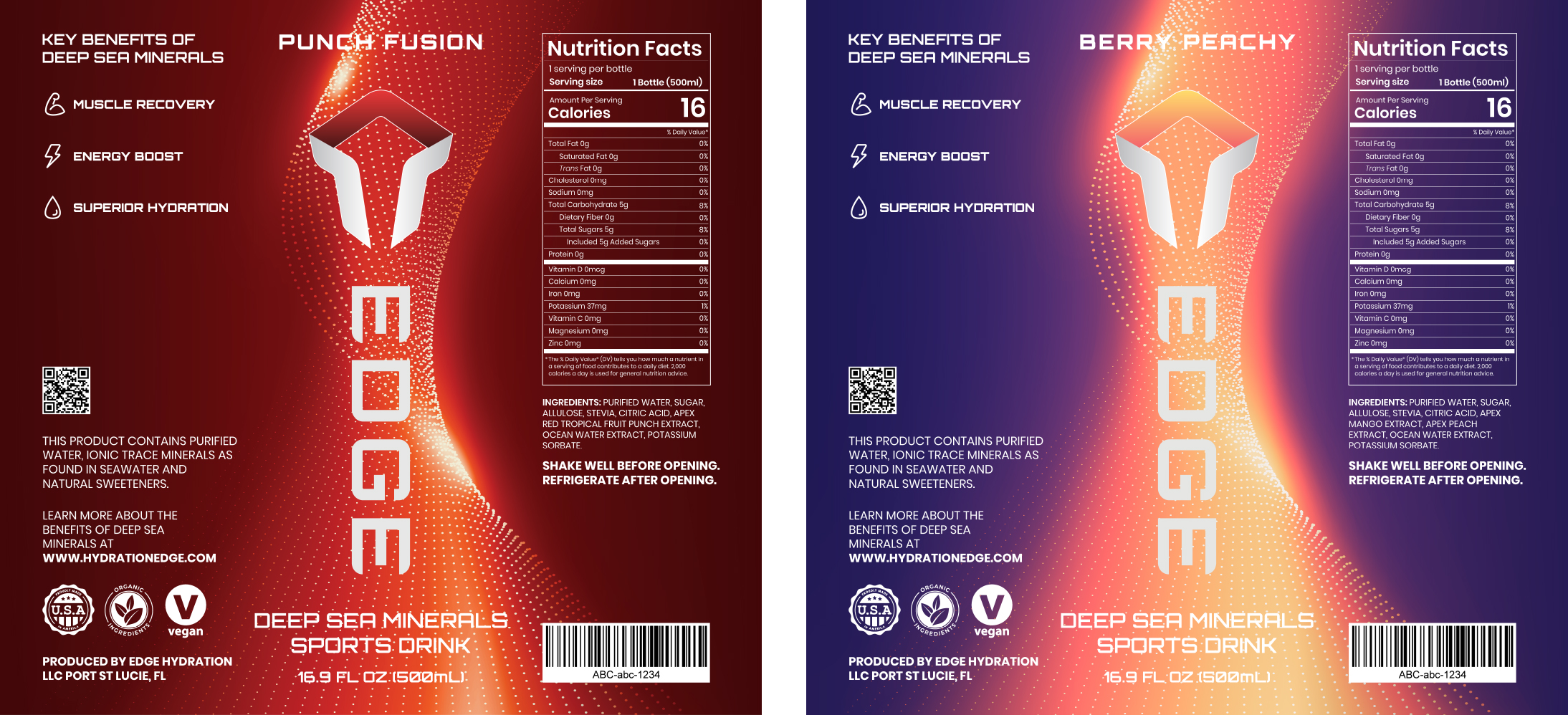 Two sports drink labels, one red (Punch Fusion) and one purple (Berry Peachy), display the EDGE logo and key benefits: muscle recovery, energy boost, and superior hydration. Nutrition facts and QR codes are included.