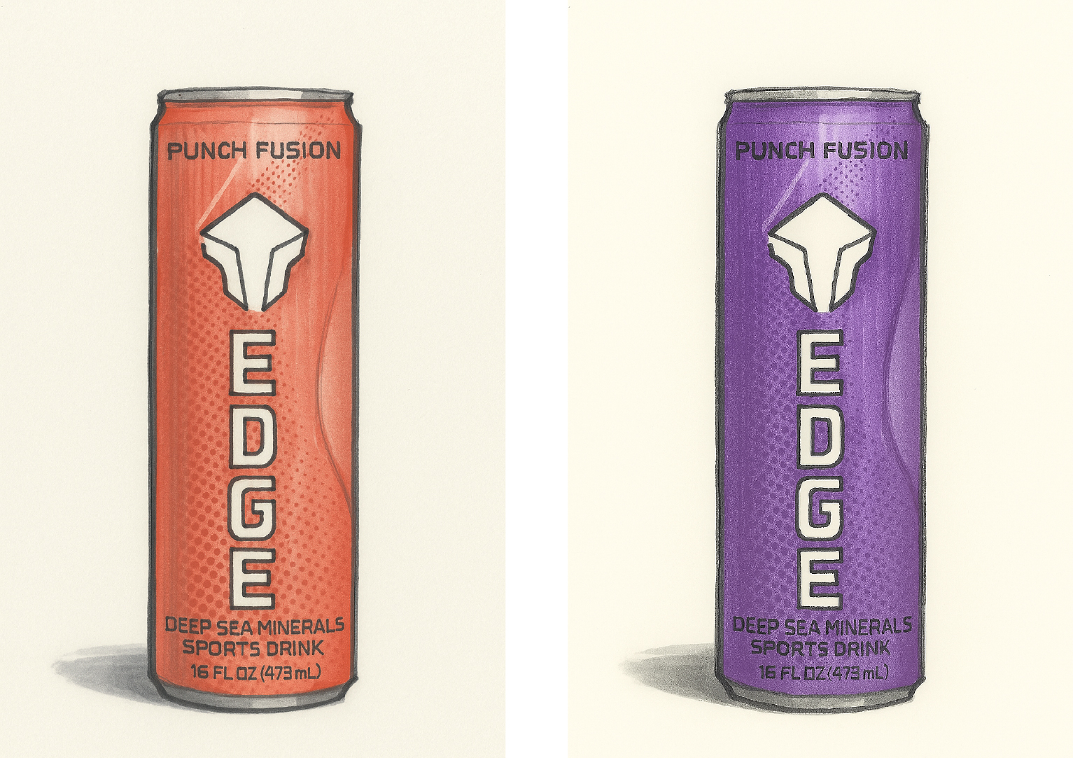 Two tall cans of EDGE sports drink are shown. The left can is red and the right can is purple. Both are labeled Punch Fusion and Deep Sea Minerals Sports Drink, 16 FL OZ (473 mL).