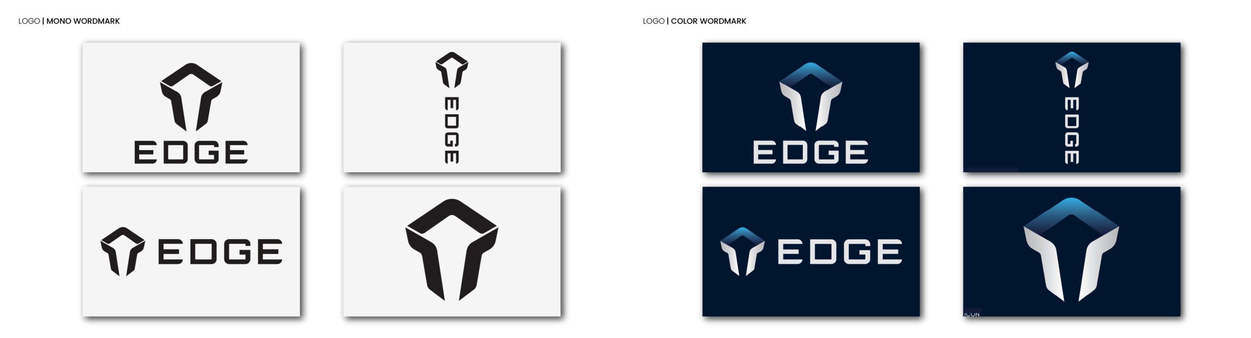 Four logo mockups for the brand EDGE, each featuring a stylized helmet icon above or beside the word EDGE in bold text; designs appear on white and dark blue backgrounds.